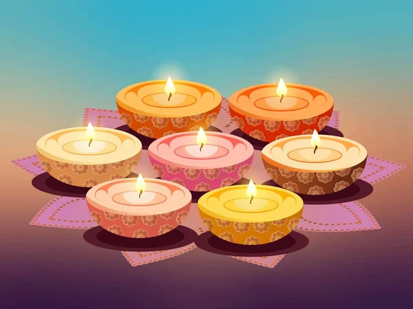 Multicolore Lit Diyali Rangoli Celebrazione Diwali Concetto Decorazione — Vettoriale Stock