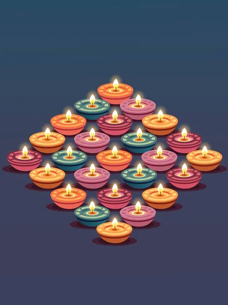 Diyali Queimando Colorido Lâmpada Óleo Fundo Azul Para Celebração Diwali —  Vetores de Stock