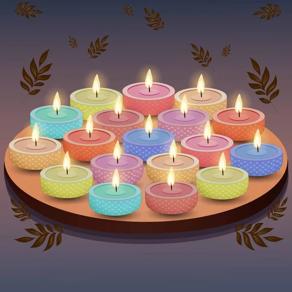 Colorful Burning Teal Light Candle Plate Leaves Decor Grey Purple — Stock Vector