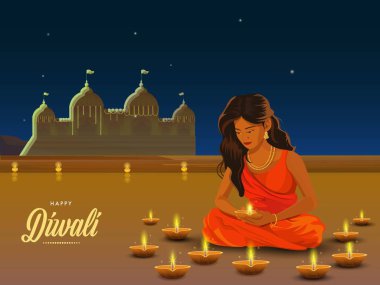 Güzel Hintli Kadın Işık Festivali için Tapınağa Karşı Çatı 'da Yanan Diyali (Yağlı Lamba) ile Oturur.
