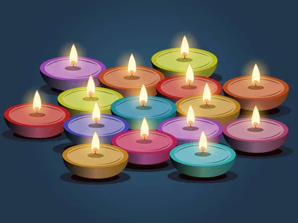 Diyali Floreale Vari Colori Lampada Olio Sfondo Blu Diwali Celebration — Vettoriale Stock