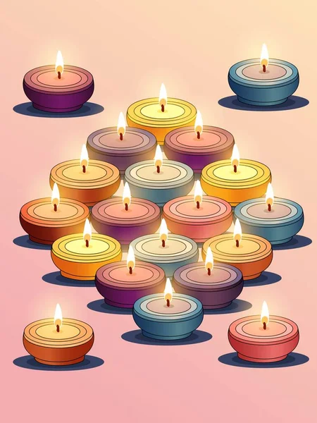 Bunte Brennende Diyali Öllampe Auf Pastellrosa Hintergrund Diwali Feier Oder — Stockvektor