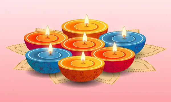 Multicolor Burning Ethnic Floral Diwali Olielamp Roze Achtergrond Diwali Wenskaart — Stockvector