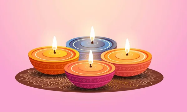 Diverses Couleurs Lumineux Floral Diyali Lampe Huile Sur Rangoli Fond — Image vectorielle