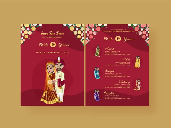 Indiai Esküvői Meghívó Kártya Sablon Menyasszony Vőlegény Karakter Hagyományos Öltözékben — Stock Vector