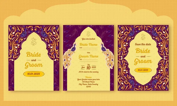 Όμορφη Ινδική Κάρτα Γάμου Πρότυπα Σχεδιασμός Peacock Κίτρινο Και Μωβ — Διανυσματικό Αρχείο