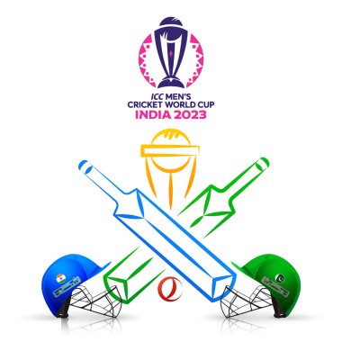 ICC Dünya Kriket Kupası Hindistan-Pakistan 2023 Maçı Kriket Kask, Şampiyonlar Kupası ve Çapraz Yarasalarla Hindistan-Pakistan Karşılaşması.