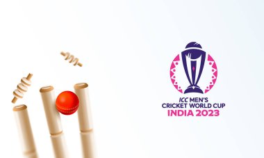 ICC Dünya Kriket Kupası Hindistan 2023 Bayrak Tasarımı Beyaz Renkli, Kırmızı Topun Yakından Bakışı Kale Damlalarına Vuruyor.