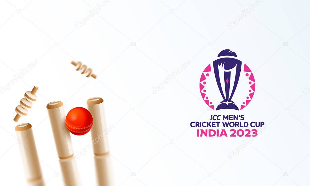 ICC Men's Cricket World Cup India 2023 Banner Design in White Color, Closeup View of Red Ball Hitting The Wicket Stumps.