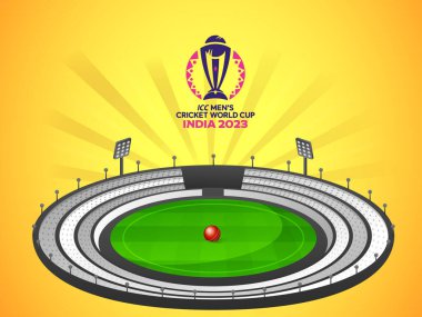 ICC Dünya Kriket Kupası Hindistan 2023 Poster Tasarımı, Stadyumun Merkez Noktasında Gerçekçi Kriket Balosu.