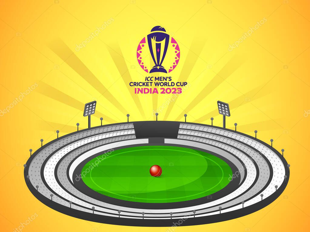 ICC Men's Cricket World Cup India 2023 Poster Design, Realistic Cricket Ball at Center Point of The Stadium.