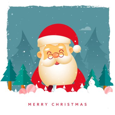 Merry Christmas Greeting Card With Cute Santa Claus, Snowman, Paper Cut Baubles, Xmas Trees On Blue And White Background.