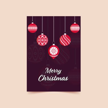 Mutlu Noel Kavramı Baubles 'la süslenmiştir. Bordo arka planda asılı kalın..