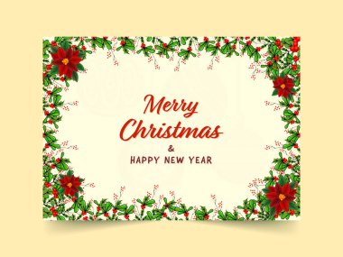 Mutlu Noeller ve yeni yıl tebrik kartı Poinsettia çiçekleriyle süslenmiş, Holly Berries sarı arka planda.