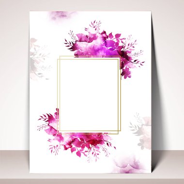 Zarif tebrik kartı ya da davetiye şablonu pembe suluboya çiçekleri ve yapraklarla süslenmiş.
