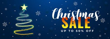 Xmas ağacı olan mavi başlık veya afiş tasarımı simli ışıklandırma efekti ve Noel indirimi için% 50 indirim teklifi.