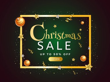 Noel indirimi afişi veya% 50 indirimli poster tasarımı, gösterişli toplar ve gradyan kırmızı ve yeşil arka planda konfeti.