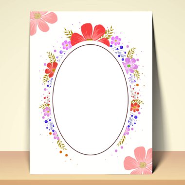 Zarif tebrik kartı veya oval şekilli çerçeve ile Davetiye kartı renkli çiçek unsurlarıyla dekore edilir.