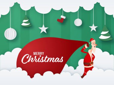 Noel Baba 'nın Kırmızı Çuval Çekme, Asılan Bauble' lar, Yıldızlar ve Kağıt Kesiği Arkaplanındaki Xmas Ağacı ile Mutlu Noeller Kutlama Konsepti.