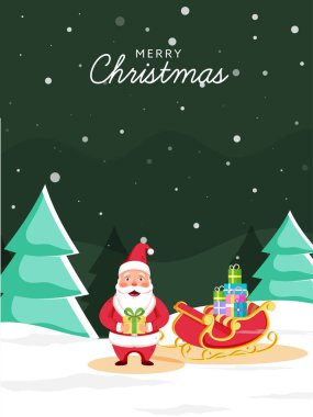 Yeşil ve beyaz renkli Mutlu Noeller, Noel Baba 'nın Karlı Arkaplanda Kızak Dolu Hediye Kutuları ve Xmas Ağaçlarıyla İllüstrasyonu.