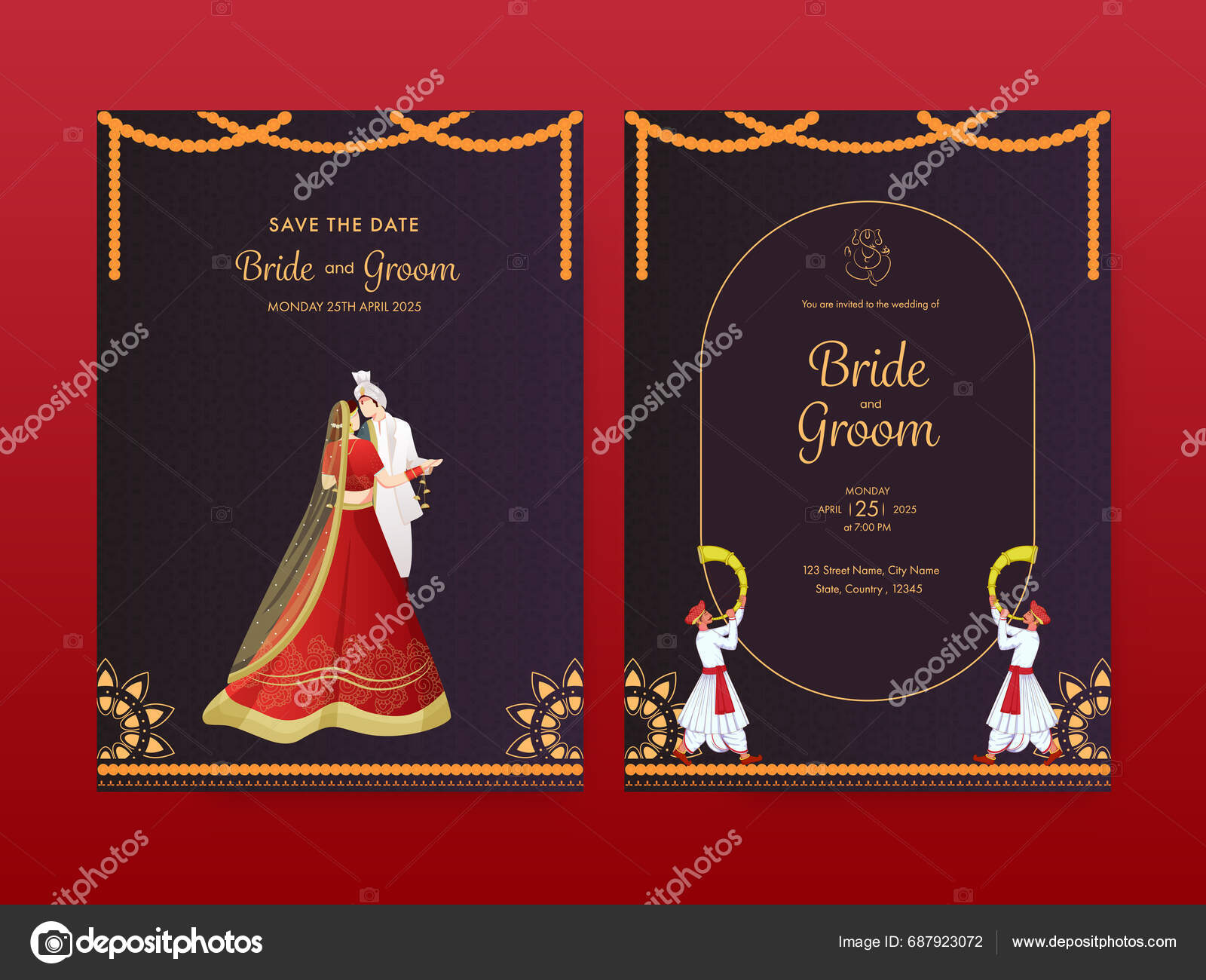 Indian Wedding Card Template Layout Hinduism Newlywed Couple Character