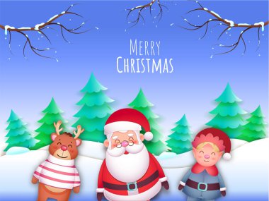Noel Baba 'nın Elf, Ren Geyiği ve Kağıt Kesiği ile Çizgi Film Karakteri Mutlu Noeller Kutlaması için Kar Düşüşü Üzerine Noel Ağaçları.