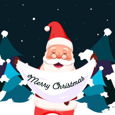 Neşeli Noel Baba 'nın Beyaz Mesaj Etiketi Tutması ya da Yılbaşı Ağacı ve Kar Altında Noel Ağacı Yapıştırması. Tebrik kartı olarak kullanılabilir.