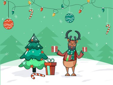 Karikatür Ren Geyiği Hediye Kutuları, Xmas Ağacı, Asılı Mücevherler, Şeker Çubuğu ve Karlı Yeşil Arkaplan Dekorasyonu ile Mutlu Noeller Kutlama Konsepti.