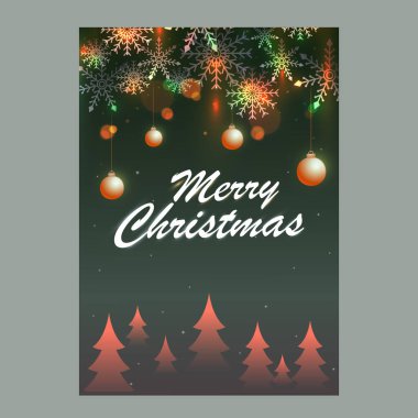 Mutlu Noeller, Yeşil Arkaplanda Asılı Baubleeler, Kar Taneleri ve Xmas Ağaçlarıyla Kutlama Kartı.