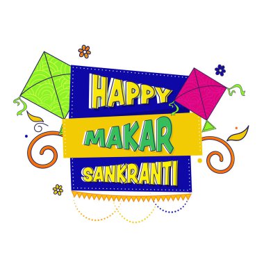 Uçurtmalı Mutlu Makar Sankranti Yazı Tipi, Beyaz Arkaplanda Çiçekler.