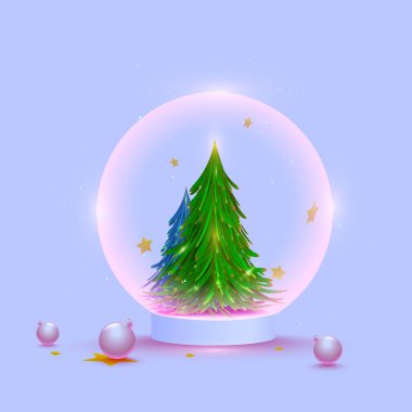 Işık Mor Arkaplanda 3D Baubles ile Dünya İçinde Xmas Ağacı.