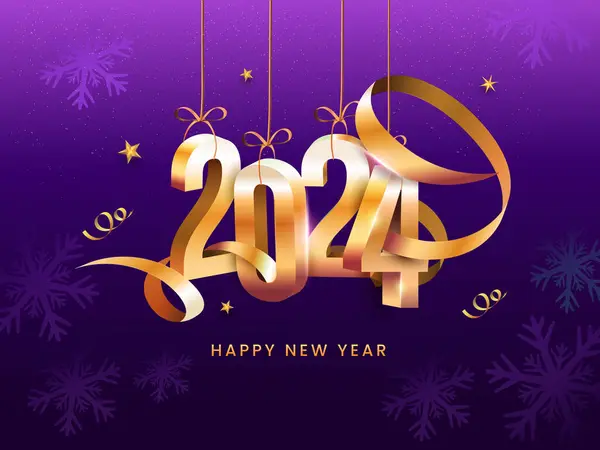 Golden 2024 Number Hang Golden Ribbon Curvy Stars Snowflakes Purple — Stock Vector
