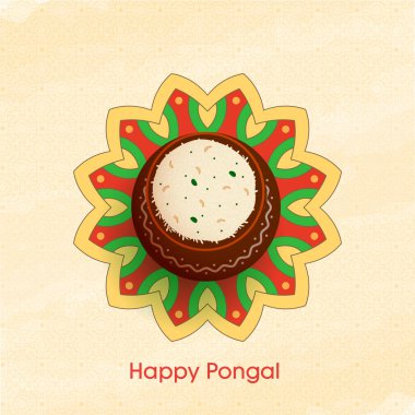 Rangoli, Pastel Sarı Arkaplan 'da Geleneksel Bulaşık (Rice) Çamurlu Çömlek Konsepti ile Mutlu Kutlamalar.