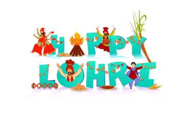 Açık Mavi Lohri Yazı Tipi Şenlik Ateşi, Şeker Kamışı, Müzik Enstrümanı, Tatlı Tabaklar, Buğday Kulağı ve Punjabi İnsanları Beyaz Arkaplanda Bhangra Yapıyor.