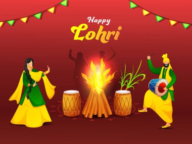 Mutlu Lohri kutlamaları için Dhol Enstrümanları, Şekerkamışı, Şenlik Ateşi ve Bunting Bayrakları ile Bhangra Dansı Yapan Karikatür Çifti.