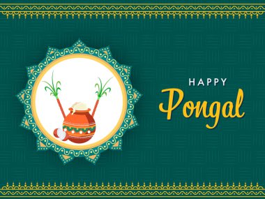 Happy Pongal Poster Design with Traditional Dish (Rice) Filles Mud Pot and Sugarcane. clipart