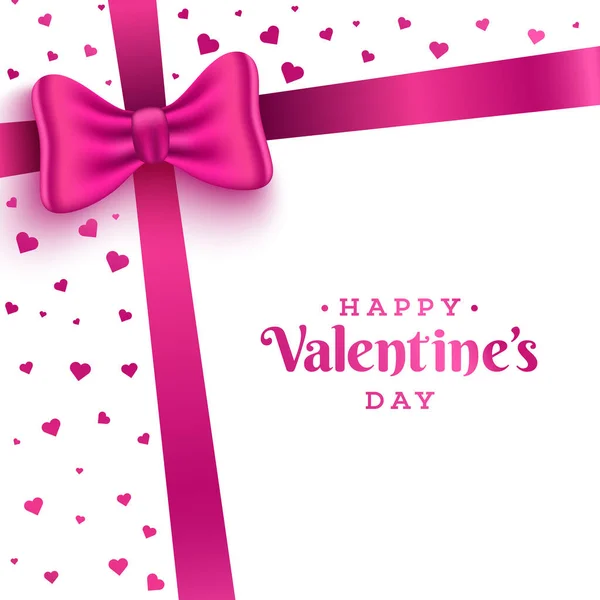 光沢のあるピンクのリボン ボウと光沢のあるハートの形の白い背景が付いているハッピー バレンタインの日ギフトまたは挨拶カード — ストックベクタ