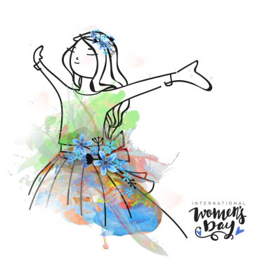 Doodle Tarzı Genç Kızın Beyaz Arkaplanda Suluboya Efektiyle Kollarını Açtığı Uluslararası Kadınlar Günü Tebrik Kartı.