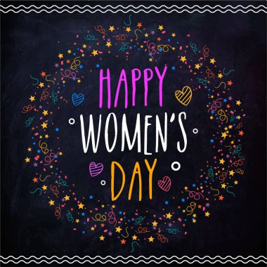 Renkli Yıldız Konfeti 'nin Karanlık Grunge' a Karşı yaptığı Yuvarlak Çerçevedeki Mutlu Kadınlar Günü Fontu. Tebrik kartı olarak kullanılabilir.