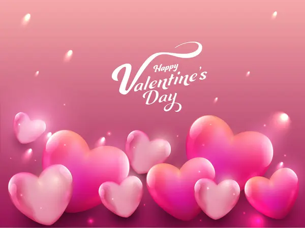 Happy Valentine Day Poster Greeting Card Render Glossy Pink Hearts — Stock Vector