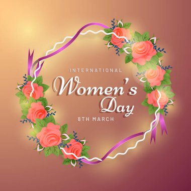 8 Mart, Uluslararası Kadınlar Günü Mesajı Yuvarlak Gül Çiçek Çerçevesi Üzerinde Parlayan Sarı ve Pembe Gradyan Arkaplan.
