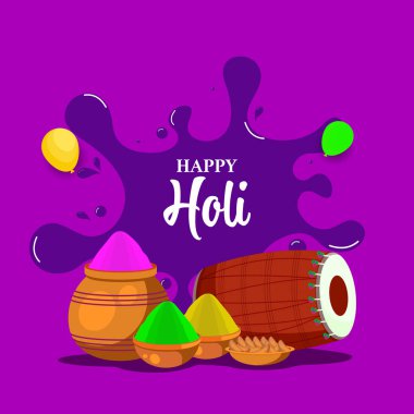Dhol (Davul), Hint Tatlısı (Gujia), Çamur Çömleği (Gulal) ve Soyut Mor Arkaplan Kaseleri ile Mutlu Holi Kutlama Kavramı.
