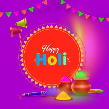 Su tabancalarıyla (Pichkari) Mutlu Holi Kutlaması Konsepti, Mor Arkaplan Tabağı ve Çamur Tencerelerinde Hoparlör, Kuru Renk (Gulal).