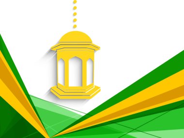 Kağıt Kesiği Arapça Fenerler Yeşil ve Sarı Işınlara Tutunun Arkaplan ve İslami Festival Ramazan Mübarek Kavramı İleti İçin Yer.