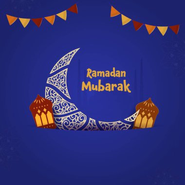 Silüet Camii 'nin Mavi Arkaplanına Altın Ramazan Mübarek Yazı Tipi, Çiçek Hilal Ay, Fener ve Bunting Bayrakları Dekorasyonlu İslami Festival Kartı veya Poster Tasarımı.