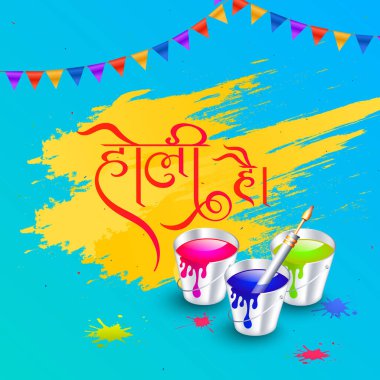 Holi Hai Hintçe Yazı Tipi Tebrik Kartı Tasarımı Su Renkleri ve Pichkari ve Bunting Bayrakları Sarı Sıçrama, Mavi Arkaplan.