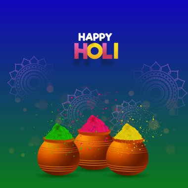 Mutlu Holi Kutlama Kartı veya Poster Tasarımı için Bokeh Efekti Mavi ve Yeşil Arkaplan 'a karşı Üç Çamur Tenceresi Kuru Renklerle Dolu (Gulal).