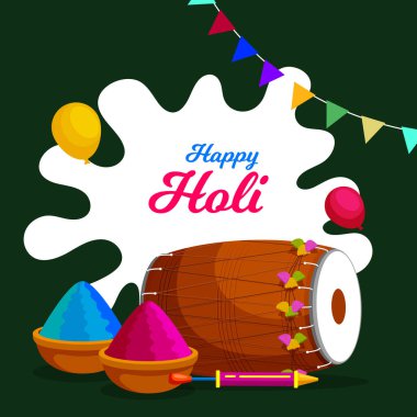 Mutlu Holi Kartı veya Müzik Enstrümanlı Poster Tasarımı (Dholak), Renk Tozu Kâseleri ve Pichkari, Beyaz ve Yeşil Su Balonları ve Bunting Bayrakları.