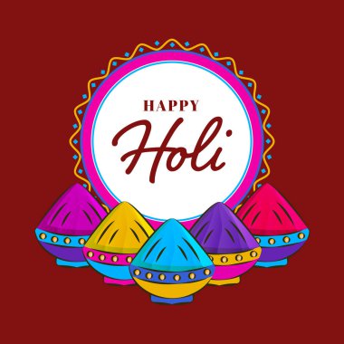 Hint Renk Festivali için Kahverengi Arkaplan Üzerine Farklı Renk Tozu Kâseleriyle Mandala Çerçevesi Üzerinde Mutlu Holi Mesaj Yazıtipi.