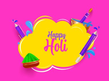 Pop Art Happy Holi Etiketi veya Kart Tasarımı Renkli Pudra Kasesi, Su Silahı (Pichkari), Bulut Çerçevesi Üzerine Boya Kovası Sarı ve Pembe Arkaplan.